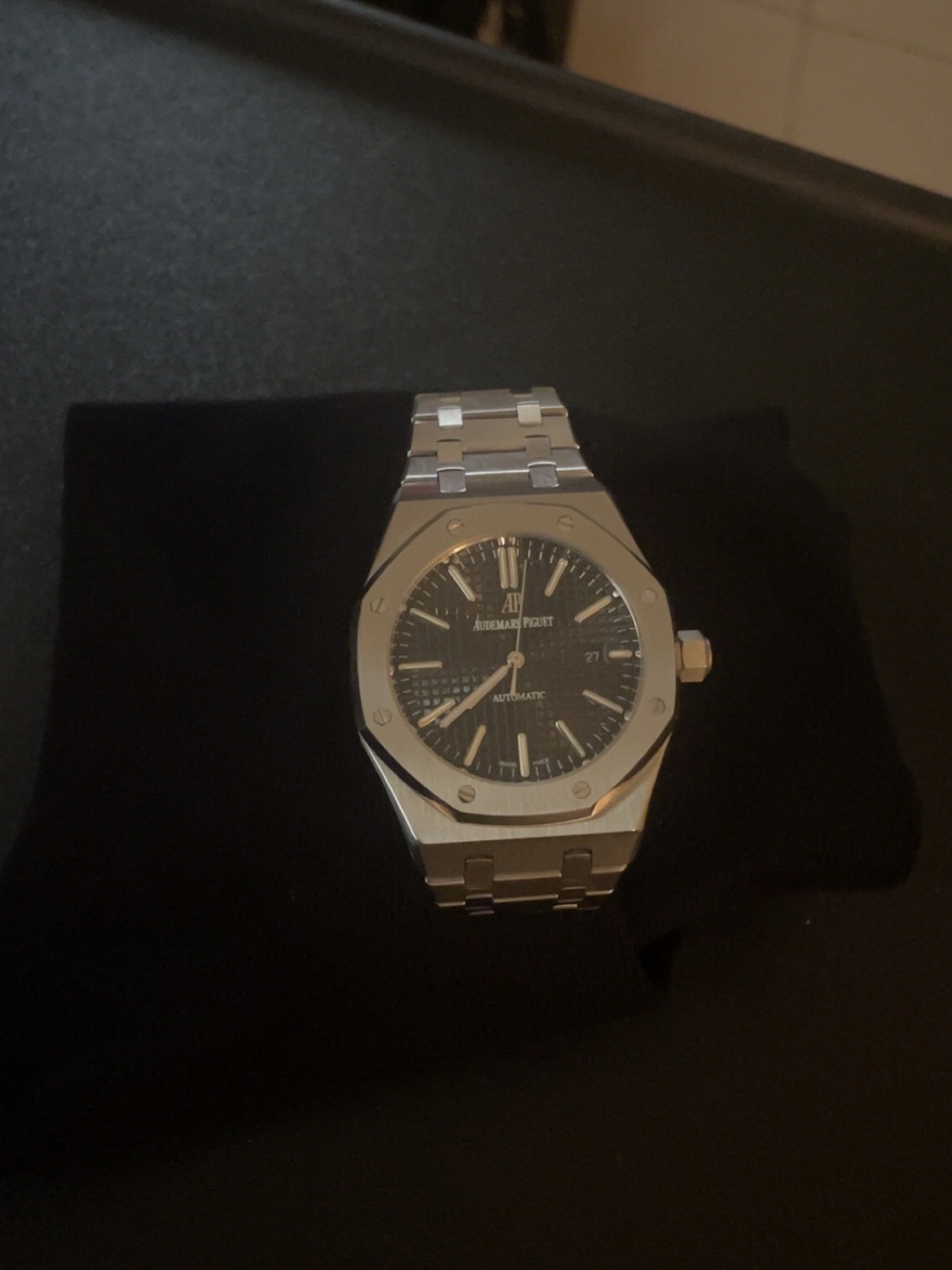 Audemars Piguet Silver Steel Watch with Black Dial